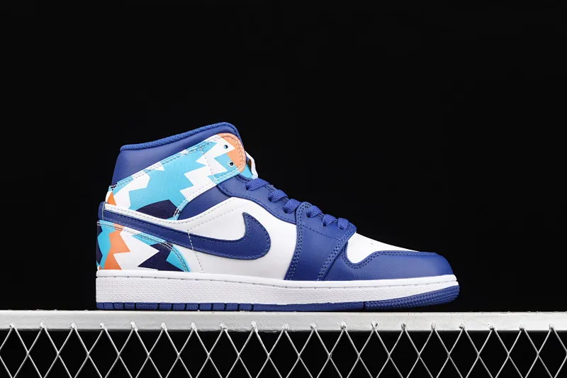 All categories Air Jordan Jordan series basketball shoes Air Jordan 1 Mid Air Jordan 1 Mid AJ1 Joe 1 geometric white and blue Zhongbang basketball shoes 555112-105
